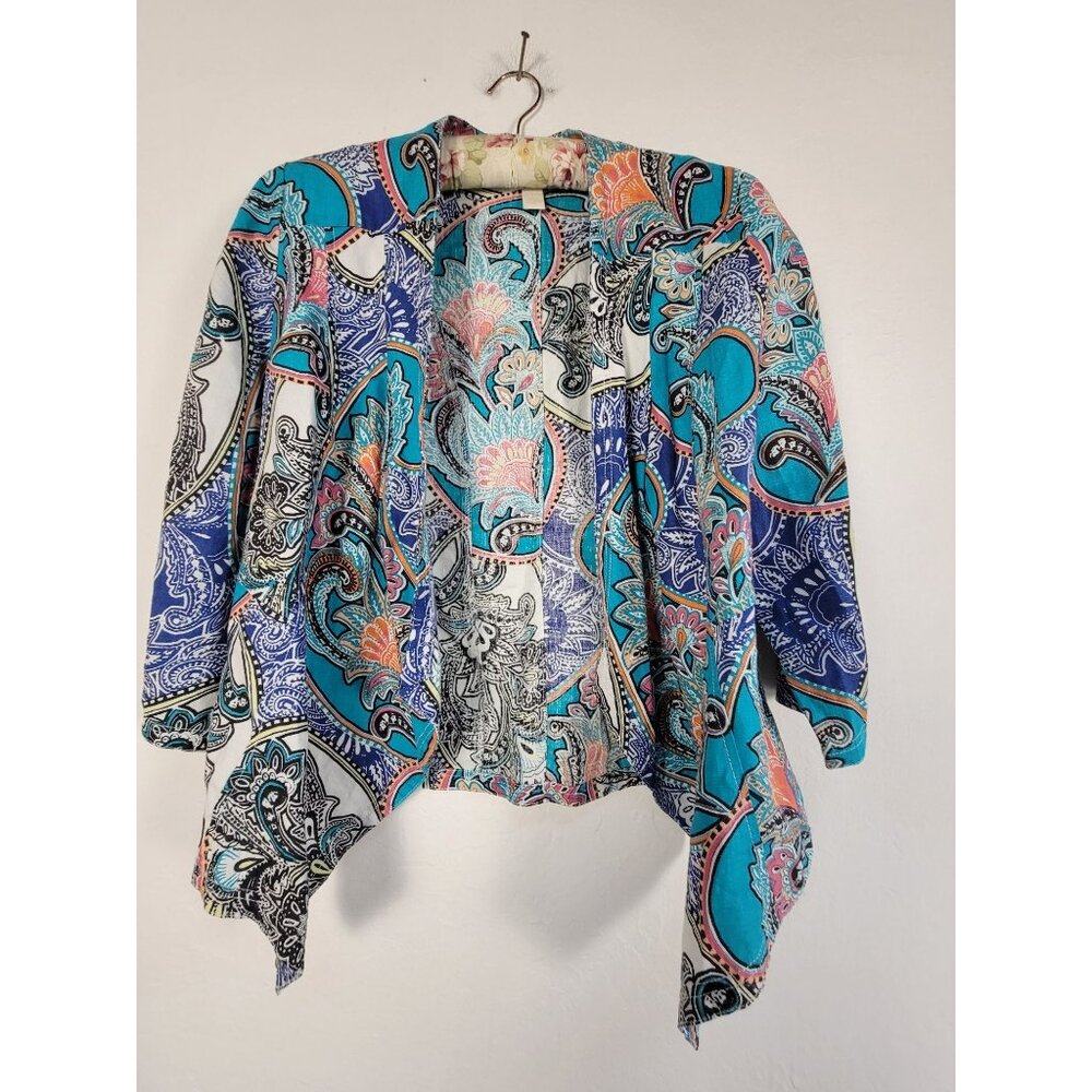 Chico's Womens Open Front Paisley 100% Linen Drape Cardigan Jacket Size 1 Artsy